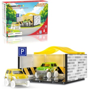 image:imagePicassoTiles 100 Piece Magnetic Tiles Race Track Toy Creative Building Set  Ages 3 premium BPAfree materials promotes hand eye coordination sharpens fine motor control boosts spatial logic skills2 Cars With Garage Race Track
