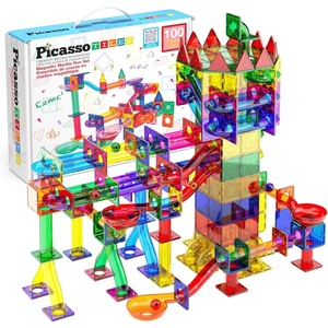 image:imagePicassoTiles 100 Piece Marble Run Magnetic Tiles Race Track STEM Ages 3  BPAfree ABS plastic reinforced edges curved slopes and Uturns steel balls included openended maze layouts shared play100 Piece Marble Run