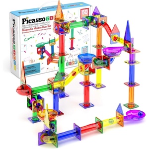 image:imagePicassoTiles 100 Piece Marble Run Magnetic Tiles Race Track STEM Ages 3  BPAfree ABS plastic reinforced edges curved slopes and Uturns steel balls included openended maze layouts shared play50 Piece Marble Run