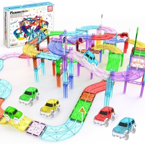 image:imagePicassoTiles 50 Piece Race Car Track Magnetic Tiles STEM Set with LED Cars  16 pillars 4 ramps build multilayer elevation BPAfree nontoxic materials sparks STEAM creativity expands collection150 Piece Race Car
