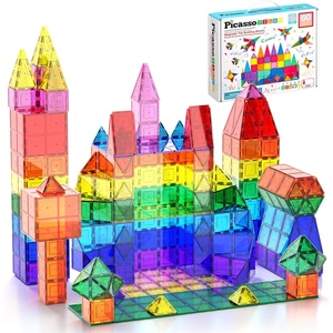 image:imagePicassoTiles 60 Piece Magnetic Tiles Clear 3D Building Blocks STEM Ages 3  Montessori sensory learning easy smallhand grip multiplayer group play fun preschool classroom gifting smooth safe edges60pc