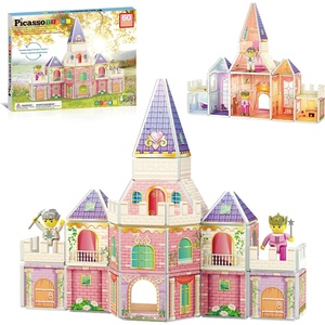 image:imagePicassoTiles 60pc Magnetic Building Block Magnet Tile Toy Shop Theme Pretend Play Construction Kit Reconfigurable Printed Structure DoubleSided Printing Education STEM Learning Playset Ages 3 PTQ50Princess Castle