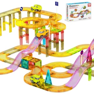 image:imagePicassoTiles 60pc Magnetic Tile Race Car Track Set STEM Construction Road Kit Building Blocks for Kids Toddlers Age 3 Plus Educational Travel Toy Sensory Preschool Learning for Boys and Girls PTMR6060pc Race Car Track Magnetic Tiles