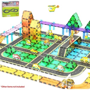 image:imagePicassoTiles Dinosaur Magnetic Tiles Racecar Track with 8 Magnet Tile Dino Toys 2 Cars Street Sign Accessory Kit Construction Building Blocks Educational Picasso Toy for Kids Ages 3 and up PTR0216 Pcs Speedway