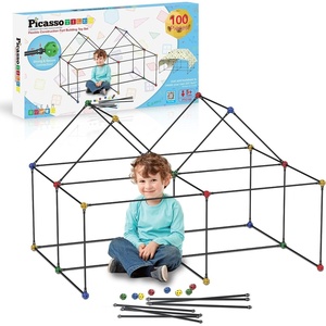 image:imagePicassoTiles Fort Building Kit 376 Pieces Kids STEM Educational Learning Construction Play Toy Indoor and Outdoor DIY Build Forts Castles Tents Playhouse with Cloth Cover Print Boy Girl Ages 5 PTC126Multipurpose Fort and Tunnel Structure