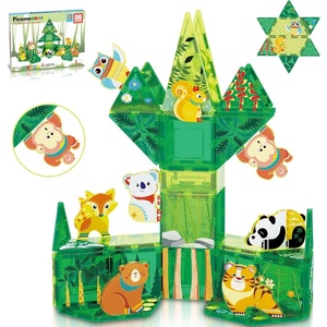 image:imagePicassoTiles Magnet Tiles Magnetic Building Blocks with 8 Construction Vehicles Crank Truck Excavator Bulldozer Road Roller Concrete Mixer Tractor Dump Truck Forklift Toys Learning Kids Ages 3 PTQ11Forest Animal Theme