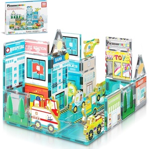 image:imagePicassoTiles Magnet Tiles Magnetic Building Blocks with 8 Construction Vehicles Crank Truck Excavator Bulldozer Road Roller Concrete Mixer Tractor Dump Truck Forklift Toys Learning Kids Ages 3 PTQ11Metro City Hospital