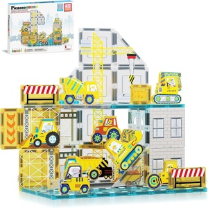 image:imagePicassoTiles Magnet Tiles Magnetic Building Blocks with 8 Construction Vehicles Crank Truck Excavator Bulldozer Road Roller Concrete Mixer Tractor Dump Truck Forklift Toys Learning Kids Ages 3 PTQ11Vehicles Crank Truck