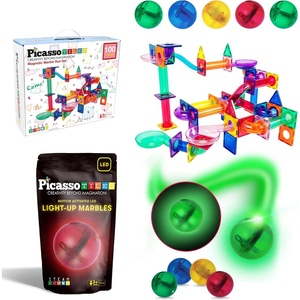 image:imagePicassoTiles 100PC Marble Run Race Track  4PC LED LightUp Glow in The Dark Translucent Balls STEAM Educational Playset for Kids  Fun Learning Construction Toy Creative Design Sensory Development