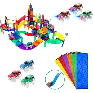image:imagePicassoTiles 128PC Magnetic Race Car Track  3 LED Light Up Truck Cars  6PC Expansion Ramp Tiles Mega Bundle STEAM Learning Enhance Construction Skills HandEye Coordination and Fine Motor Skills